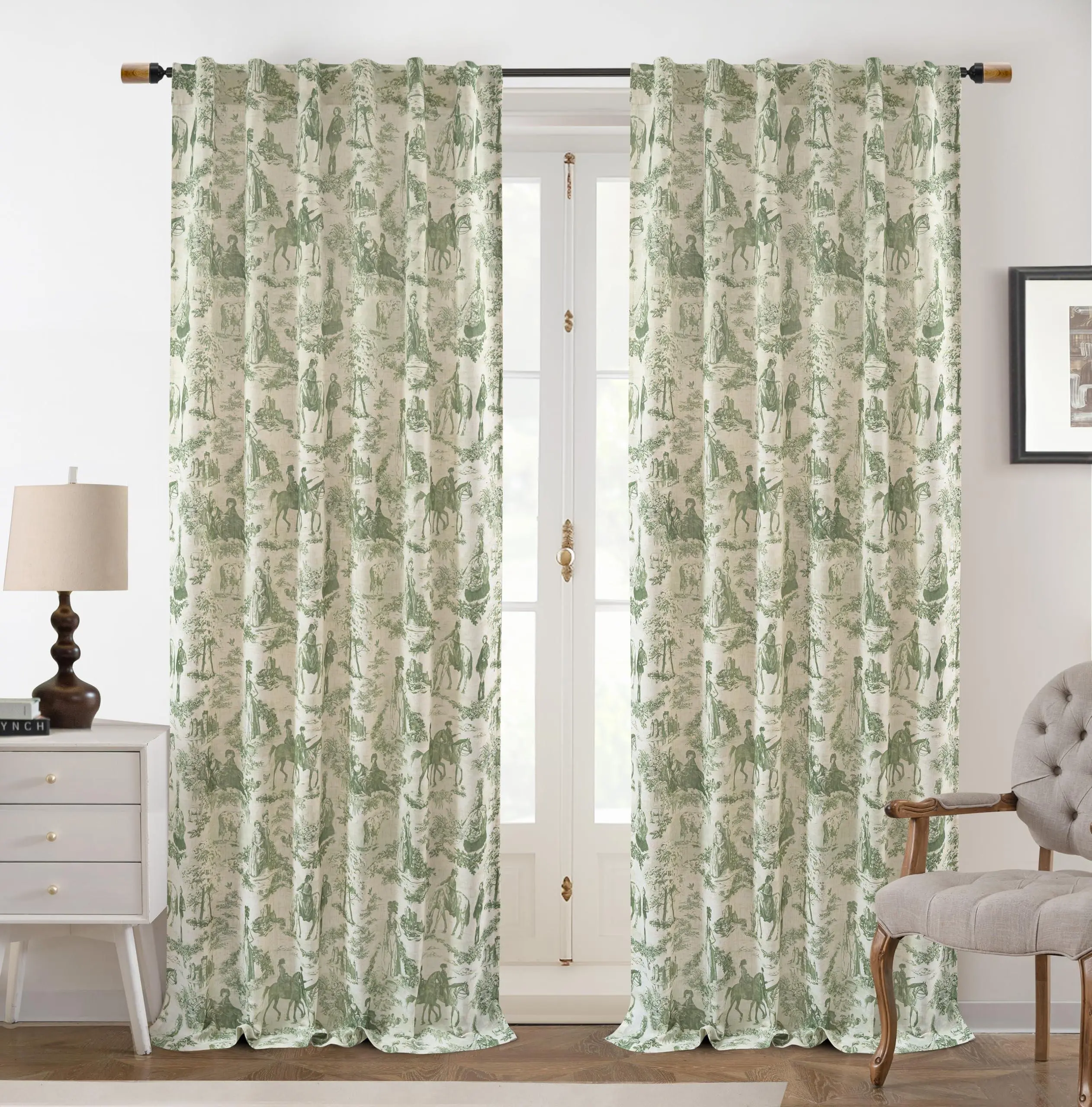 DriftAway 100% Blackout Toile Linen Curtain for Bedroom Double Layer Farmhouse Pattern Thermal Sound