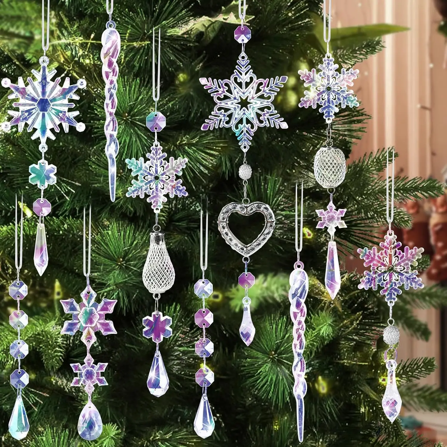 Crystal Snowflake Christmas Tree Decorations - 21pcs Christmas Tree Ornaments Sparkling Dazzling Festival Party Decoration Crystal Snowflake Design Hanging Ornament Holiday Season Home Decor  ( Colorful )