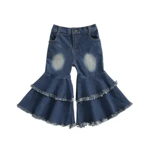 Toddler Baby Girls Flare Pants Solid Denim Ripped Jeans Ruffle Wide Leg Legging Trousers High Waist Bell Bottoms
