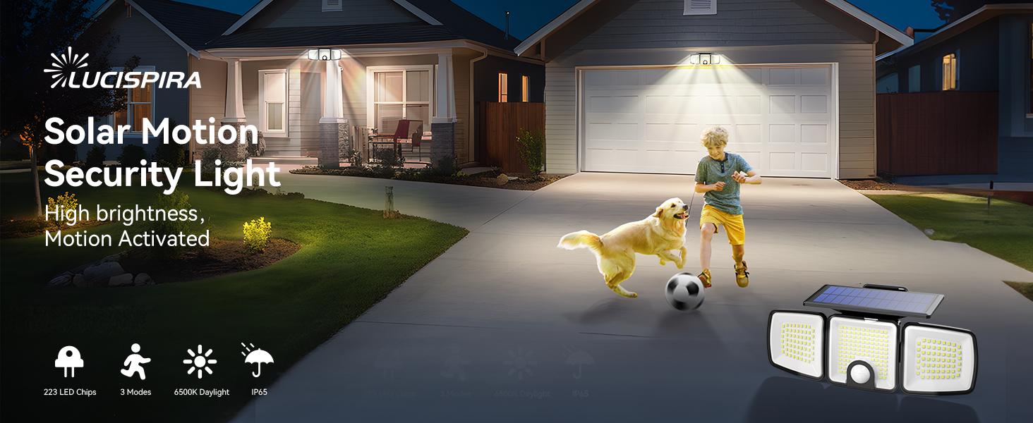 Solar Lights Outdoor with Motion Sensor, 223 LED Security Light, IP65 Waterproof LED Floodlight, 3 Adjustable Heads 360°Wide Angle Wall Light for Yard Garage Porch Garden