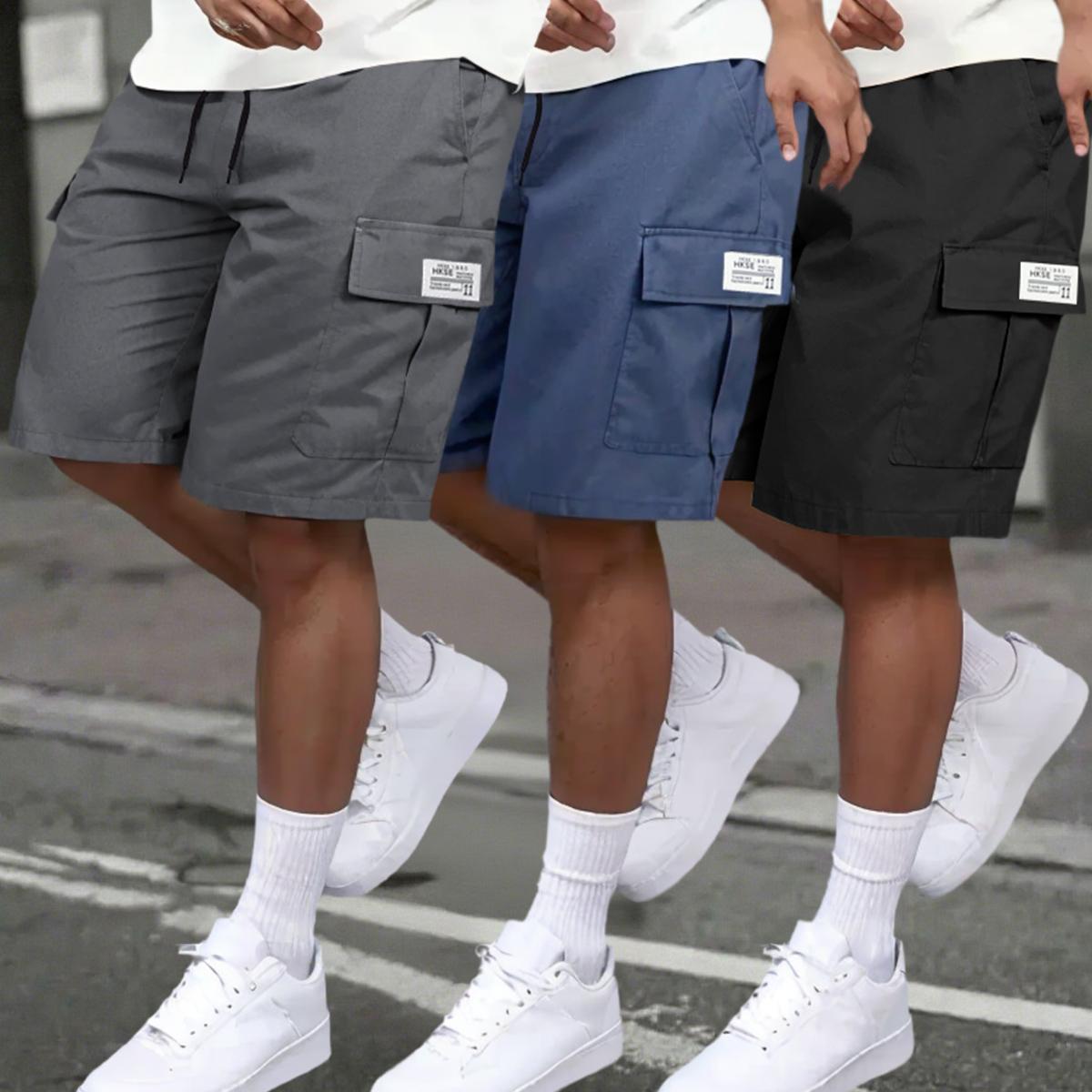 Men's Cargo Shorts Set of 3 - Casual Loose Fit, Straight Leg, Non-Stretch Solid Color with Multi-Pockets, Perfect for Sports and Outdoor Activities. Menswear  streetwear outfits