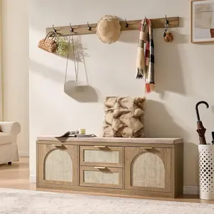 PieDle Furniture Arched Rattan Entryway Bench with Coat Rack & Seat Cushion, Narrow Wood Shoe Cabinet with Bench, Mid-Century Modern Shoe Storage Bench for Foyer, Hallway