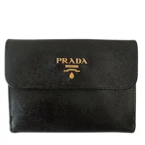Pre-owned PRADA Wallet Small Leather Goods trifold compact black saffiano leather Authentic with COA