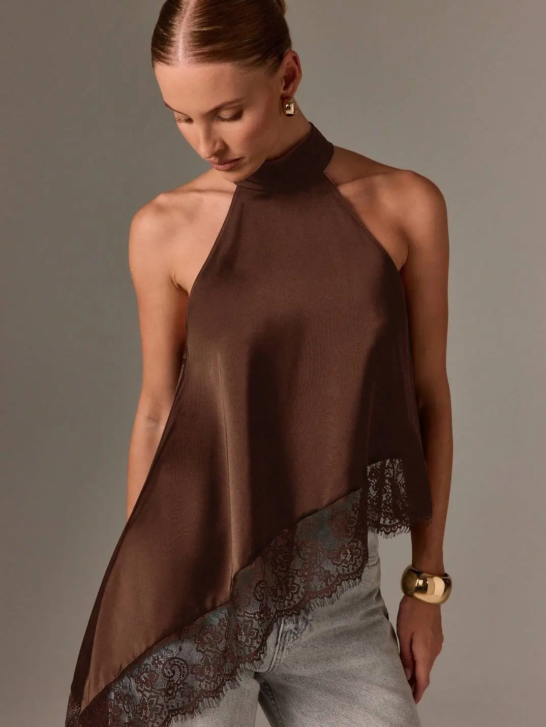 Women Sleeveless High Neck Lace Trim Asymmetric Top Occasion Blouse Elegant Halter Tank