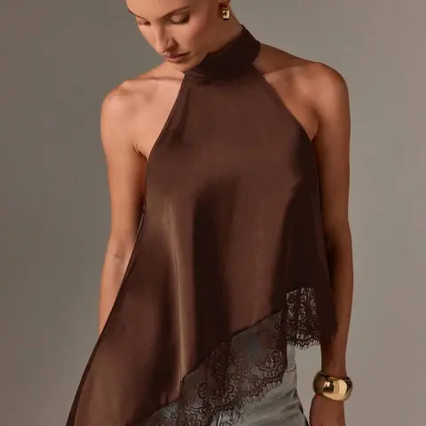 Women Sleeveless High Neck Lace Trim Asymmetric Top Occasion Blouse Elegant Halter Tank