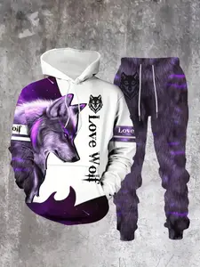 Men's Wild Wolf Print Hoodie Set, Comfortable Polyester Fabric, Perfect for Spring & Fall, Sporty Style