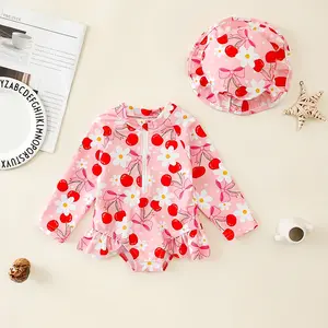Baby girl cherry blossom two-piece swimsuit set - zipper long sleeved UV protection and sun protection, with ruffled edges and matching sun hat (0-3T)