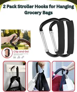 2 Pack Stroller Hooks for Diaper Bags, Heavy Duty Mommy Stroller Clips, Large Carabiner Hooks for Baby Stroller Organizer, Hanging Grocery Bags, Purse Holder, Universal Stroller Accessories