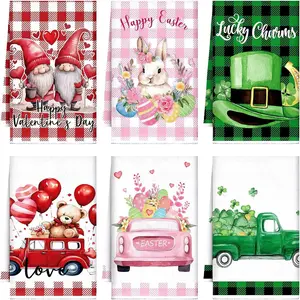 Cartoon Themed Kitchen Towel, 6 Counts/set Happy Easter Day & St Patrick's Day & Valentine's Day Themed Kitchen Hand Towel, Kitchen Hand Towel for Home Dormitory Dining Room