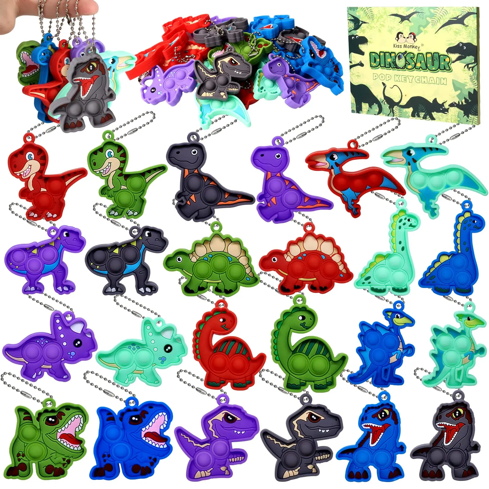 24 Pack Dinosaur Party Favors,Mini Pop Keychain Toys Bulk pop it fidgetstoys birthday gift Transformable Fidget pop blocks