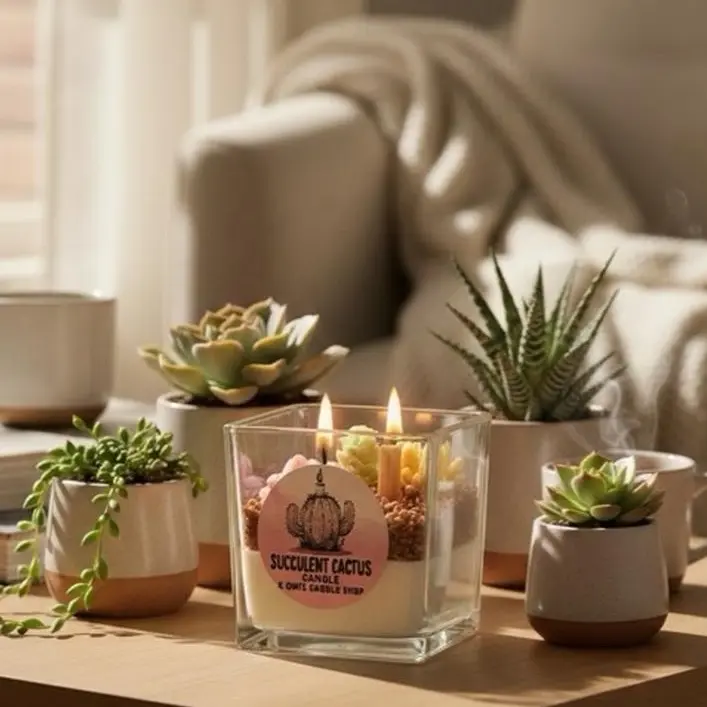 Succulent Cactus Candle with Pine Forest Scent 10 oz Container for Relaxing Atmosphere and perfect for home decor