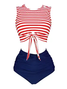 RETRO STAGE Women's 1970s Red & Blue Striped Waist-Tie Patchwork Tankini Swimsuit - Nylon Blend, Wireless Bra, Removable Pad, High Rise Tankini Bottoms Set with Shorts