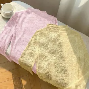 Women's Fashion Casual 2-Piece Knit Lace Mesh Set - Long Sleeve Lace Top, Blouse, Undershirt, Sweater