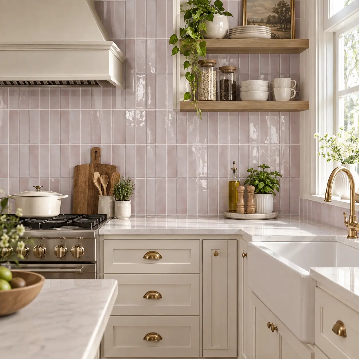 DEWOO 12"x12" Pale Pink Watercolor Subway Peel and Stick Backsplash Tile, 3D PU Gel Real Glass Look Self-Adhesive Wall Sticker, Thickened 5X Strong Adhesive, Waterproof Heat Resistant Scratch Resistant Easy Clean Cuttable for Kitchen peel-and-stick marble
