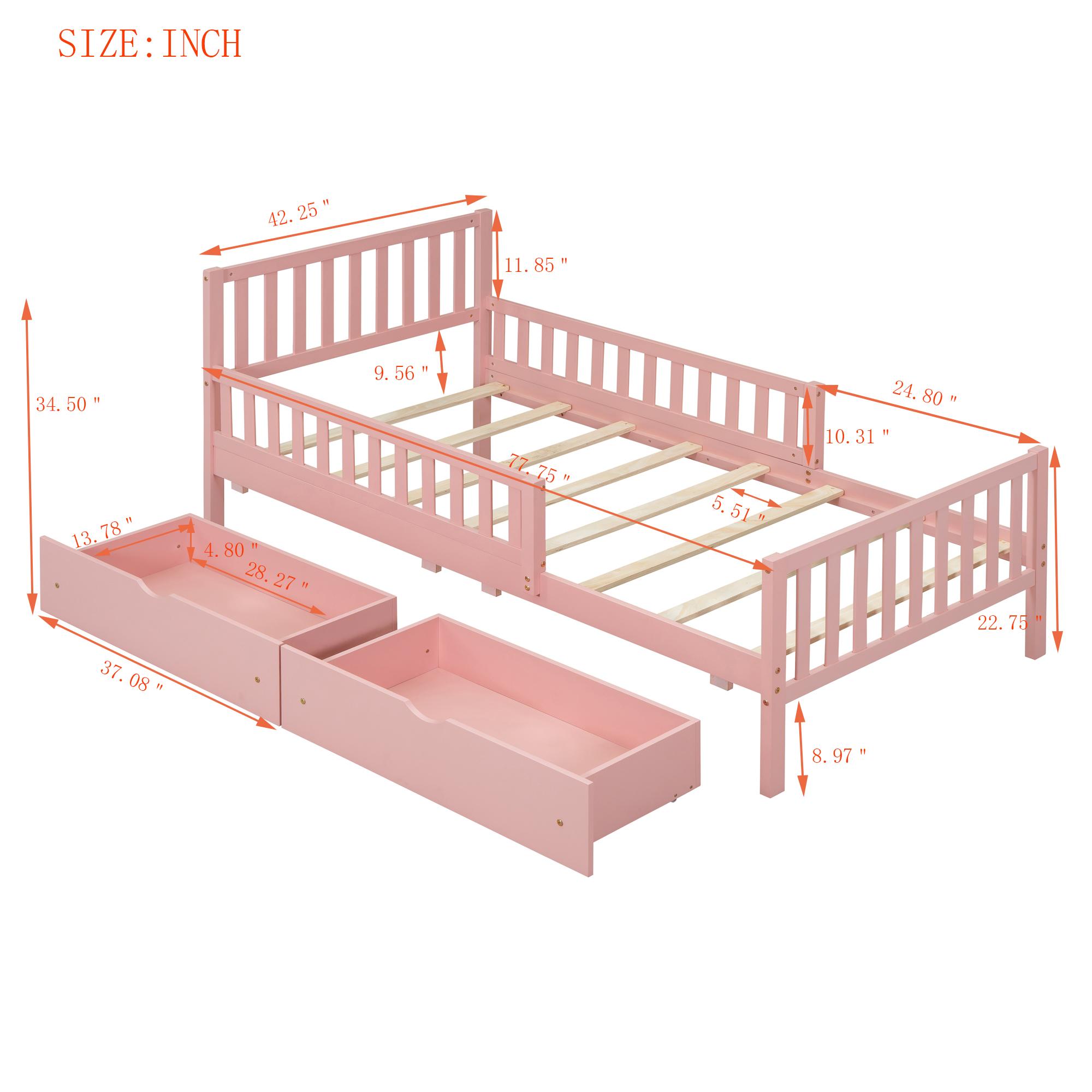 Eyisean Full Size Wooden Slat Support Platform Beds, Safety Bed Frame with Three-Side Guardrails, Space-Saving Daybed with Storage Drawers & Headboard, No Box Spring Needed, Easy Assembly for Bedroom