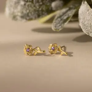 Birth Flower Stud Earrings by Caitlyn Minimalist - Dainty 18K Gold Plated Floral Birthstone Earrings - Personalized Jewelry - Birthday Gift for Her