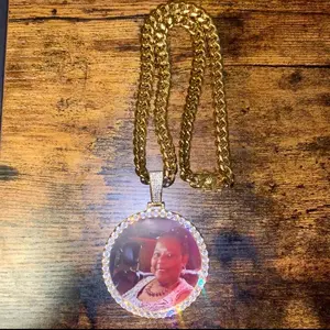 [ICE HUE]18K Gold Vacuum Plated Copper with 5A+ Sri Lanka Zircon Oversized Personalized Custom Memory Photo Pendant With Big Cuban Necklace Miami Italy Mexico & Micro Inspired for Women & Men Luxury Jewelry,Daily Wear,Casual Fashion,Gift,Chicano,Hip Hop