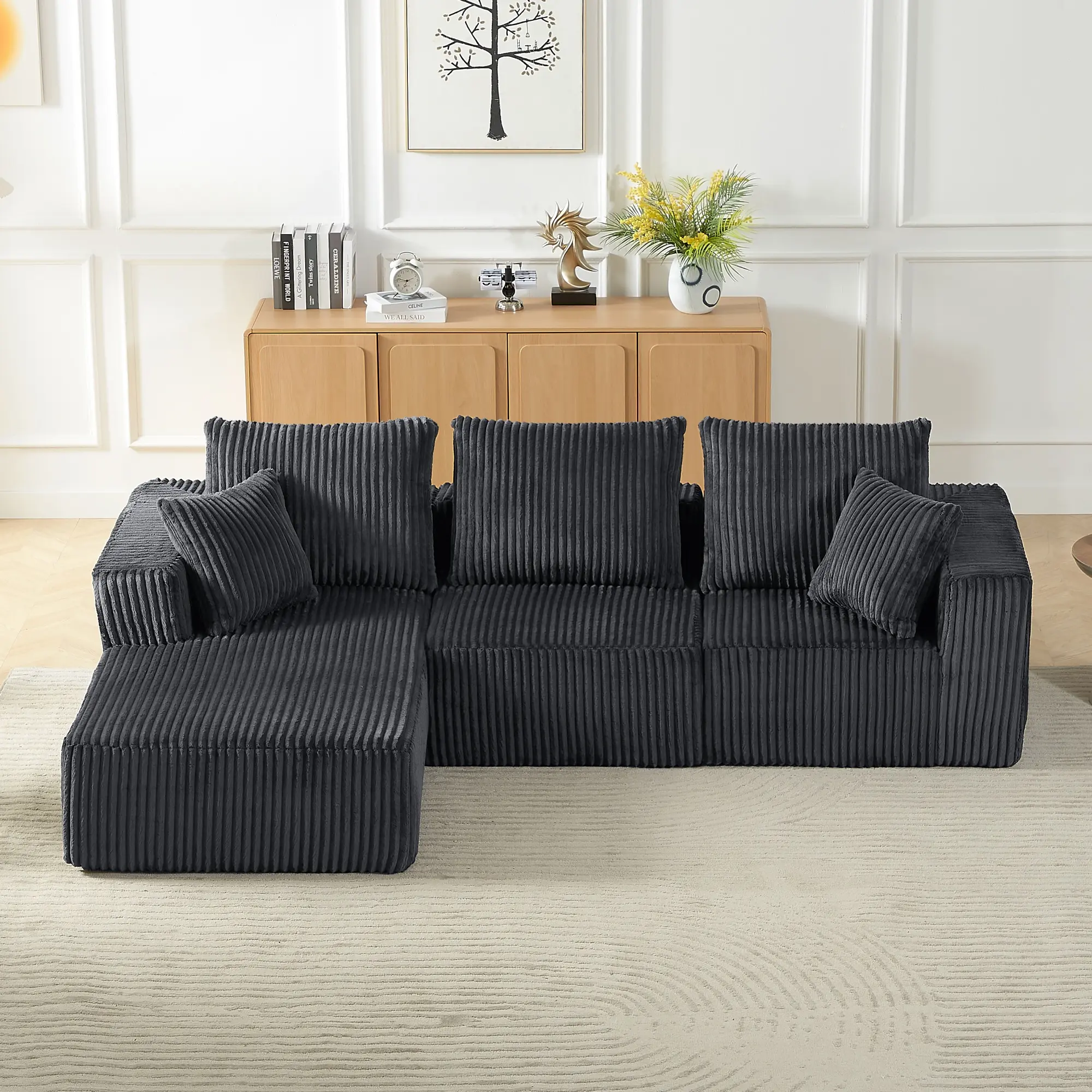 104in Modular L-Shaped Corduroy Fabric Cloud Sectional Sofa, Deep-Seat Modern Boneless Upholstered Couch for Living Room (Dark Gray)