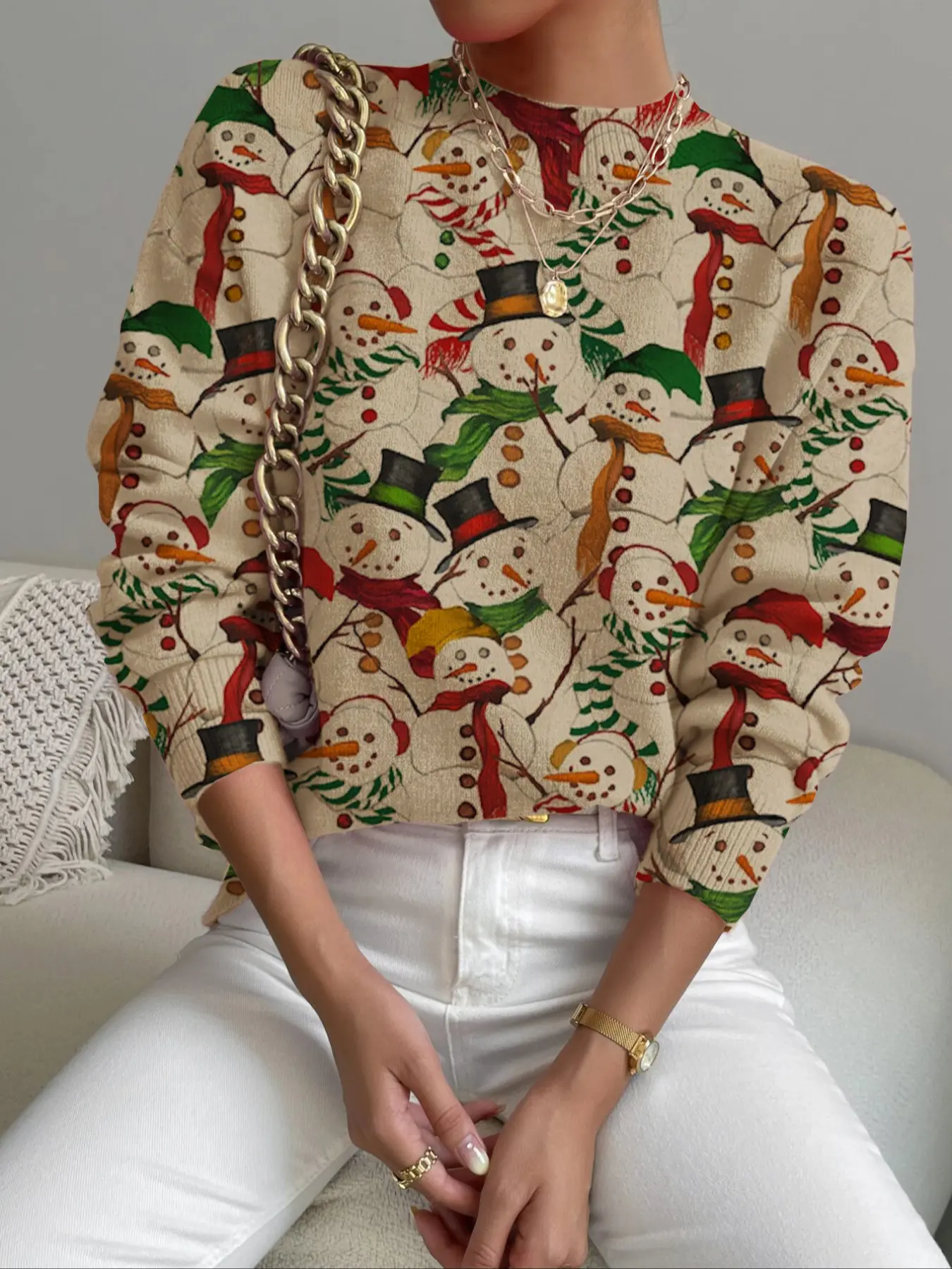 Women's Christmas Snowman Print Stand Collar Sweater, Fall Winter Casual Long Sleeve Knitwear, Comfortable Holiday Clothing