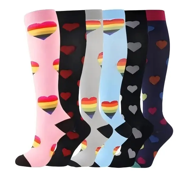 Women's Knee High Compression Stockings, 6-Pack Assorted Tie Dye & Solid Colors, Graduated Support with High Elasticity & Seamless Toe, Fit, Preppy, Lady, Colour Scheme 1, Comfortable, Light, Soft, Six Pairs