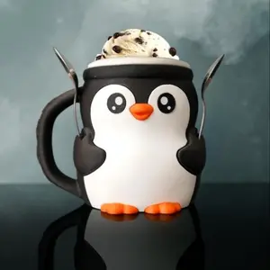 Fun Decorative Penguin Shaped 3D Printed Ice Cream Holder Ice Cream Cup with Spoon Slot & Cookie Drawer, Eco-Friendly Pla Material, Fun Dessert Storage Solution, Funny Coffee Mug