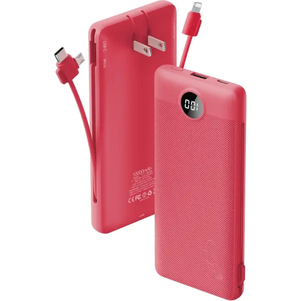 Portable Charger Built-in Cables and AC Wall Plug, USB C Power Bank 10000mAh, Travel Battery Portable Phone Charger Compact Lightweight External Battery Pack for SmartPhones,Tablets-Viva Magenta
