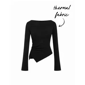 Cider Women's Cotton-Blend Long Sleeve Tee, Boat Neck, Ruched Design, Asymmetrical Hem SwimWeek