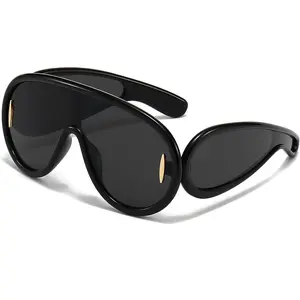 Fashion Wave Mask Sunglasses for Women Men Oversized Silver Mirrored Futuristic Shield Sun Glasses Designer Style