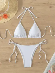 Women's Solid Tie Back Bikinis Set, Chic Halter Swim Top & Tie Side Swim Bottom Swimwear Set, Ladies Summer Beach Holiday Vacation Swimsuit, Bikini Swimsuits, Plain Bikini Set, Swimsuit Style Bikini, Triangle Bikini Set, Drawstring Swimsuit Set