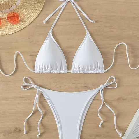 Women's Solid Tie Back Bikinis Set, Bikini Outfits, Halter Swim Top & Tie Side Swim Bottom Swimwear Set, Ladies Summer Beach Holiday Vacation Swimsuit, Plain Bikini Set, Triangle Bikini Set, Drawstring Swimsuit Set