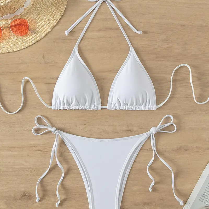 Women's Solid Tie Back Bikinis Set, Bikini Outfits, Halter Swim Top & Tie Side Swim Bottom Swimwear Set, Ladies Summer Beach Holiday Vacation Swimsuit, Plain Bikini Set, Triangle Bikini Set, Drawstring Swimsuit Set