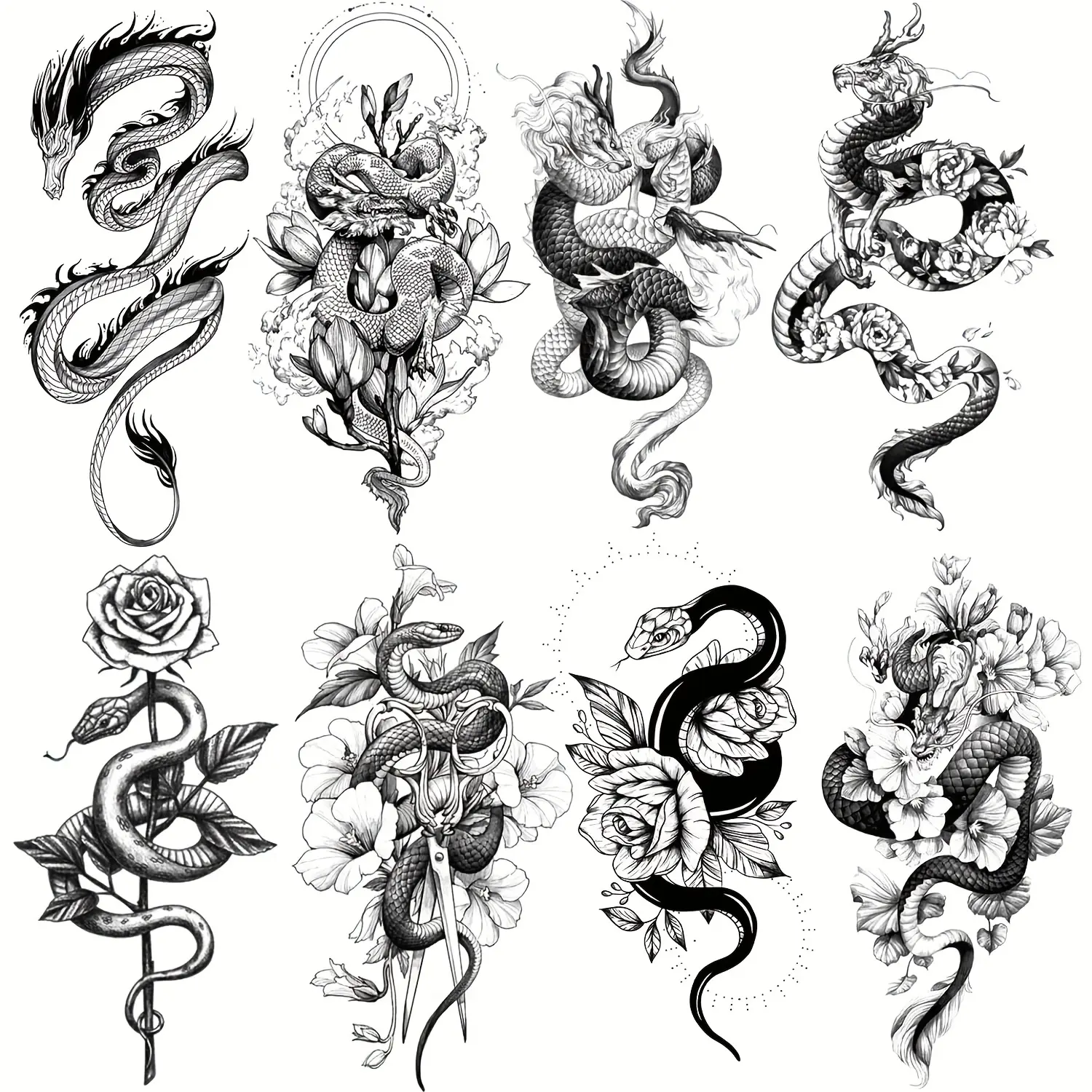 Waterproof Temporary Fake Tattoo Set, Ephemeral Tattoos, Body Fake Tattoos, 8 Pcs Arm Leg Tattoos Featuring Dragon Snake Rose Flower Designs, Perfect for Party & Daily Use