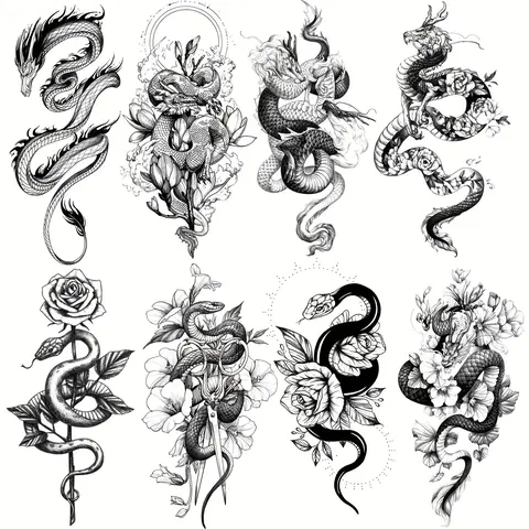Waterproof Temporary Fake Tattoo Set, Ephemeral Tattoos, Body Fake Tattoos, 8 Pcs Arm Leg Tattoos Featuring Dragon Snake Rose Flower Designs, Perfect for Party & Daily Use