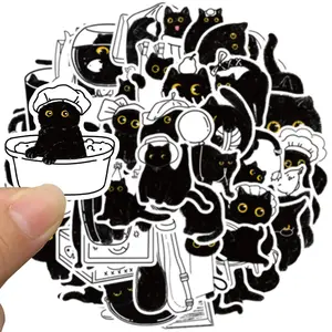 Cute Black Cat Pattern Sticker, 50pcs/set Waterproof Self Adhesive Decor Paper, Decor Sticker for Gift Greeting Card Water Bottle Laptop Phone, Cases