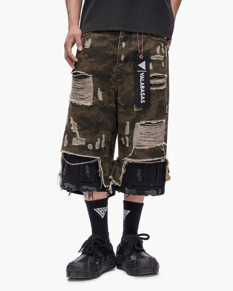 Men's Camo Jorts in 100% Cotton Denim - Streetwear Style with Distressed Details, Layered Panels and Raw Hems, Menswear, Camo Print, Casual Wear