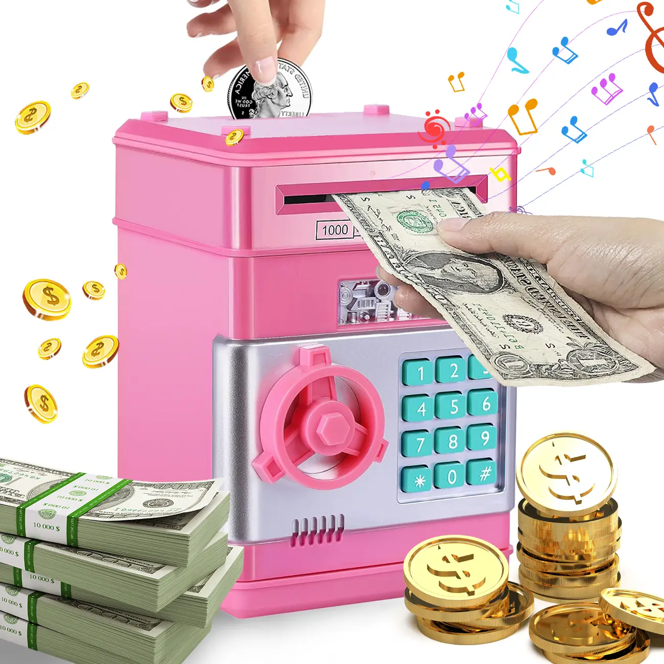 ATM Bank Electronic Coin Money Piggy Bank, Money Cash Coin Can Saving Box Electronic Money Safe Bank with Auto Scroll Paper Money Password Saving