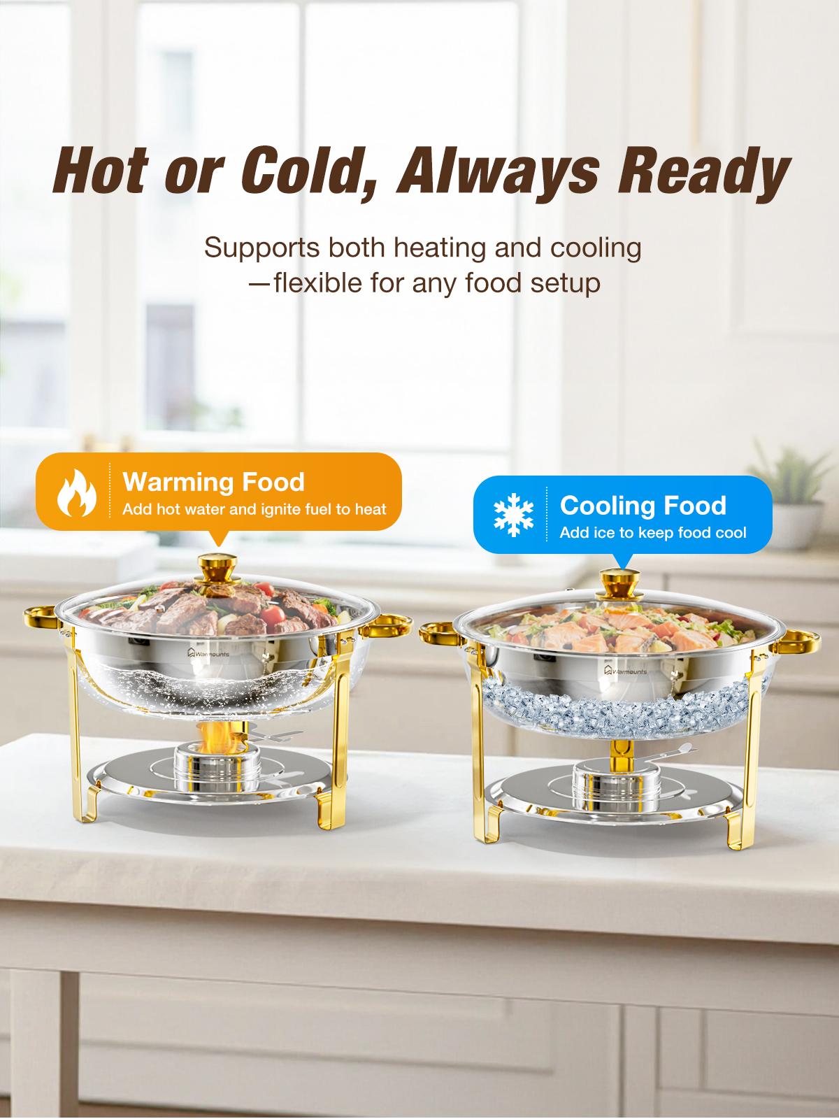 WARMOUNTS 8QT Gold Chafing Dishes for Buffet with Glass Lid , Round Chafers and Buffet Warmers Set with Mirror-Polished Stainless Steel, Rolled Rim, Stackable, Lid Holder for Parties, Weddings, Easter, Gatherings (2/4 Packļ¼ WARMOUNTS 8QT Gold Chafing Dishes for Buffet with Glass Lid , Round Chafers and Buffet Warmers Set with Mirror-Polished Stainless Steel, Rolled Rim, Stackable, Lid Holder for Parties, Weddings, Easter, Gatherings (2/4 Packļ¼