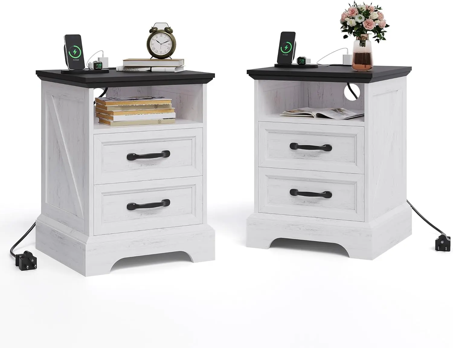 GAOMON Farmhouse Rustic Nightstand (Set of 1/2) with Charging Station, MDF Wood Bedside Table with 2 Drawers, USB Ports, Dual Outlet, Cable Management, Sturdy Base, White Accent, Assembly Required for Bedroom, Living Room