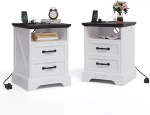 GAOMON Farmhouse Rustic Nightstands with Charging Station Set of 1/2, Modern Wood Night Stands Bedside Tables with 2 Drawers, USB Ports & Outlets, White Accent Side Tables for Living Room Bedroom