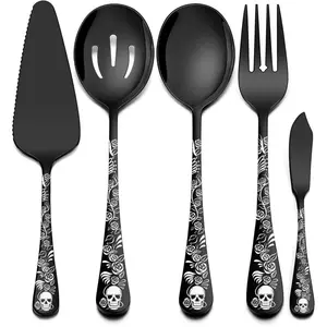 Skull Pattern Tableware Set, Stainless Steel Serving Spoon & Fork & Slotted Spoon & Butter Knife, Kitchen Utensils for Party