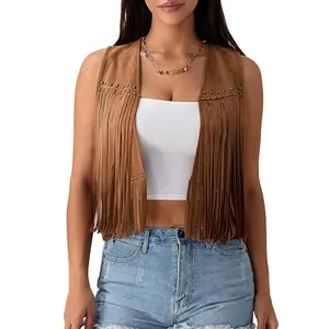 Ladies Female Brown Suede Tassel Vest Women's 70s Hippie Outfit Sleeveless Open Front Vest Western Jacket Womenswear Streetwear