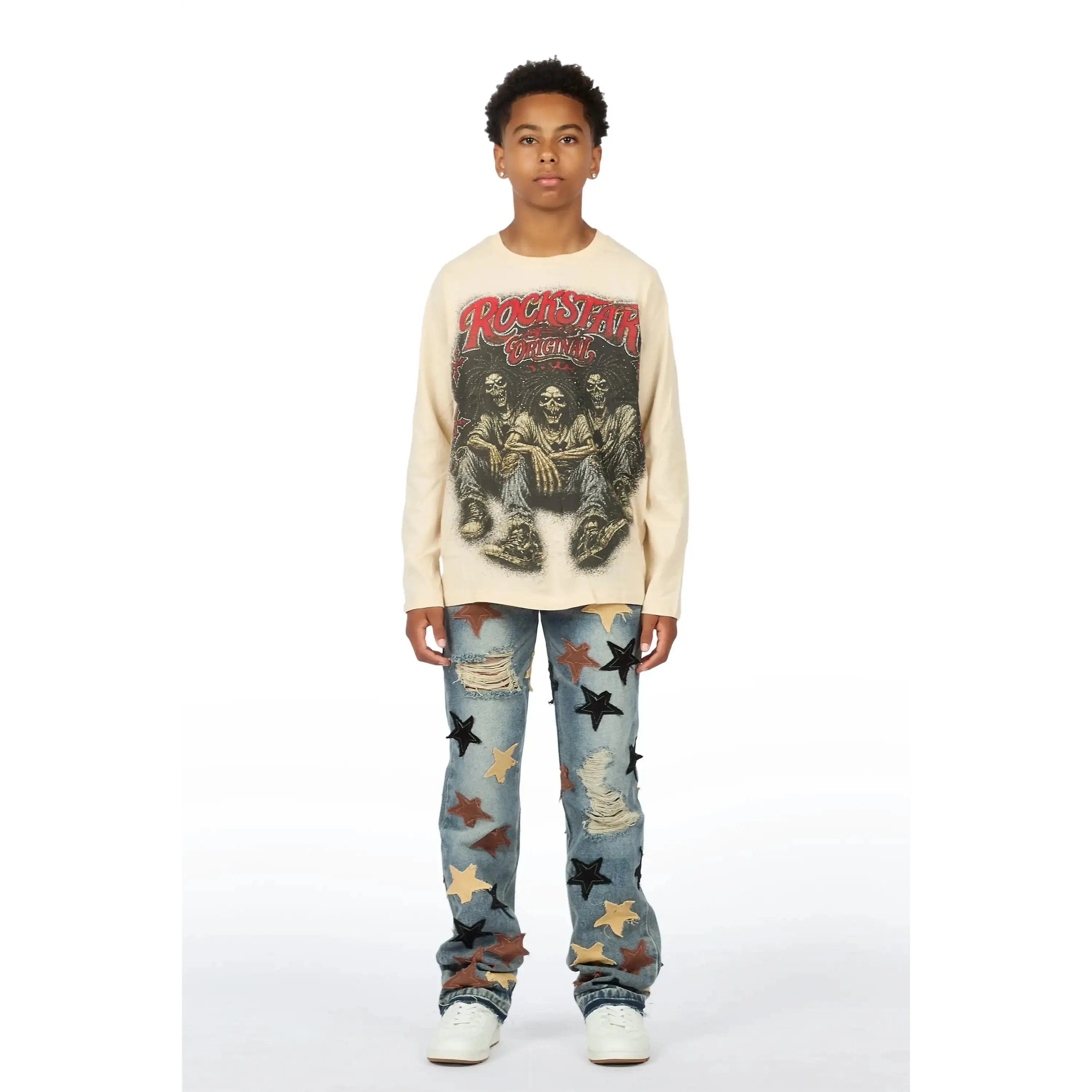Boys Wilder Sand/Blue Long Sleeve T-shirt Patchwork Jean Set