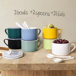30oz Ceramic Ramen Bowls with Lid & Spoon, Large Soup Mugs with Handle, Big Cereal & Noodle Bowls, Set of 2