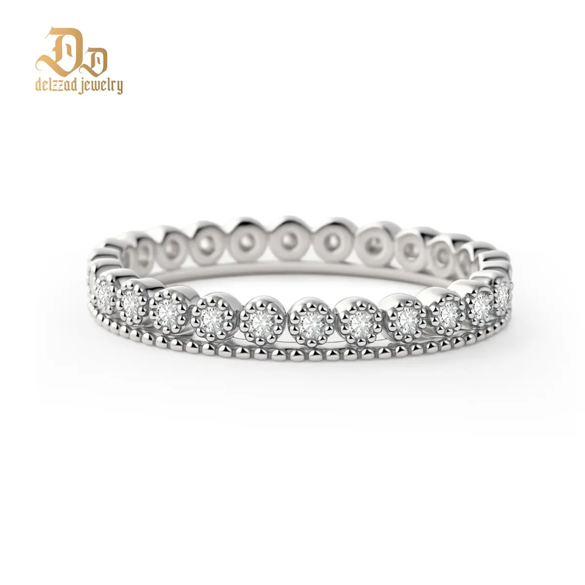 Delzzad Morning Dewdrop Ring Vintage Double Row Eternity Wedding Band Ring VVS Synthetic Moissanite Ring Jewelry Copper Band Perfect Birthday Engagement Wedding Anniversary Christmas Valentine's Day Gift Duchess Cut Ring Solitaire Stackable Rings