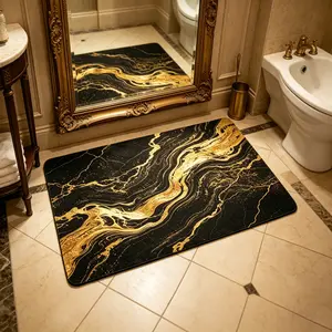 Black Gold Marble Diatomaceous Earth Bath Mat, Non-Slip Super Absorbent Quick Dry Bathroom Rug with Luxury Flowing Vein Pattern, Stylish Floor Mat for Shower, Tub, Kitchen, Entryway, 16"x24" / 20"x32"