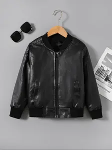 Boys' Fashion Casual Long Sleeve PU Jacket, Fall New Trendy Cool Outerwear, Medium to Large Kids Regular Fit Coat, Casual Jackets, Zip Up Coats