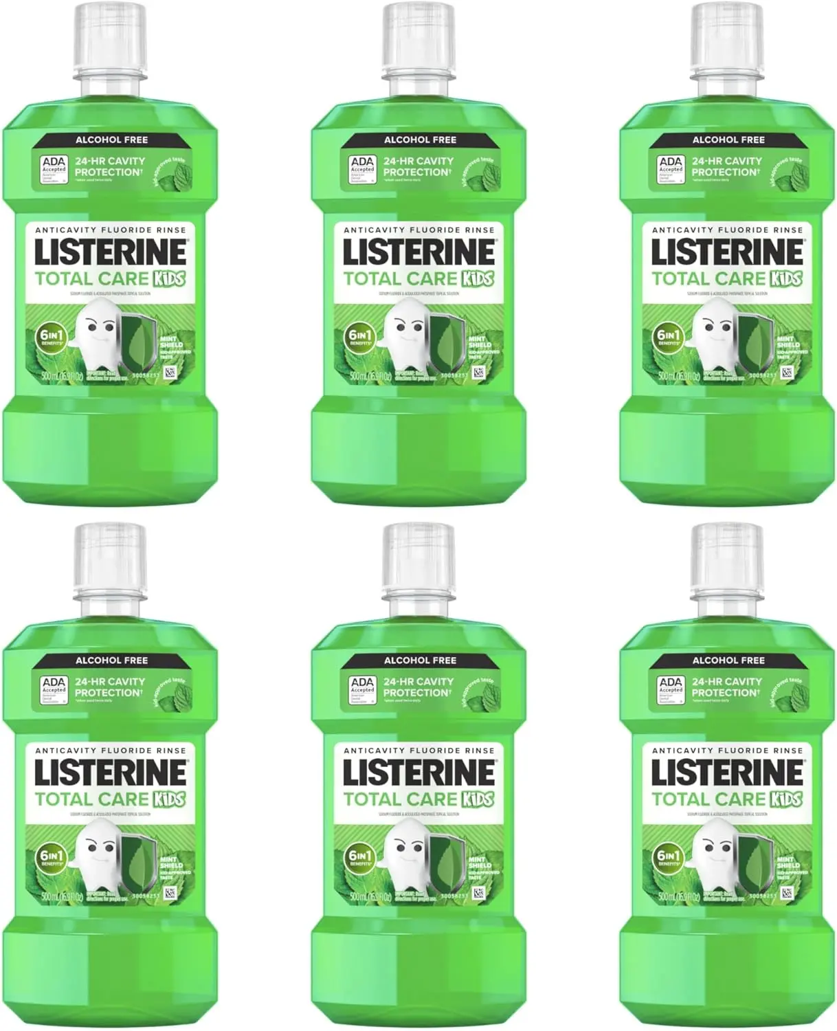 ( 6 PACK) Listerine Smart Rinse Kids Alcohol-Free Anticavity Sodium Fluoride Mouthwash, ADA Accepted Oral Rinse for Dental Cavity Protection, Mint Shield Flavor for Children's Oral Care, 500 mL (Pack of 6)