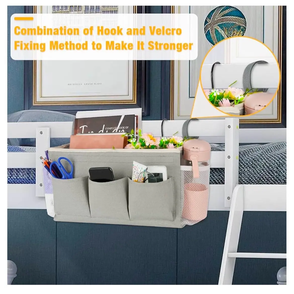 Grey Bedside Storage Organizer with Water Bottle Holder, Mesh Pockets, Durable Canvas & Metal Construction, Fits Bunk/Bed Rails up to 1.97 in Diameter