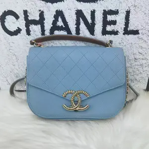 Pre-owned CHANEL Cowhide Clutches & Wristlets THREAD AROUND Light Blue Grained Calfskin Diamond Quilted Shoulder Bag Tote Crossbody Bag