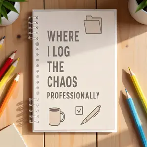 Minimalist Professional Notebook, A5 Size, Lined Pages, Light Beige Background with "WHERE I LOG THE CHAOS PROFESSIONALLY" Text & Icons (Folder, Coffee Mug, Check Mark, Pen), Ideal for Office Use, High - Quality Paper, Boost Work Efficiency
